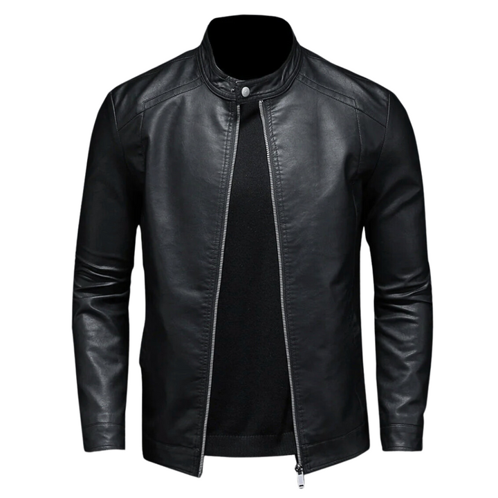 Ernst ™ | Classic Black Leather Biker Jacket with Snap Collar