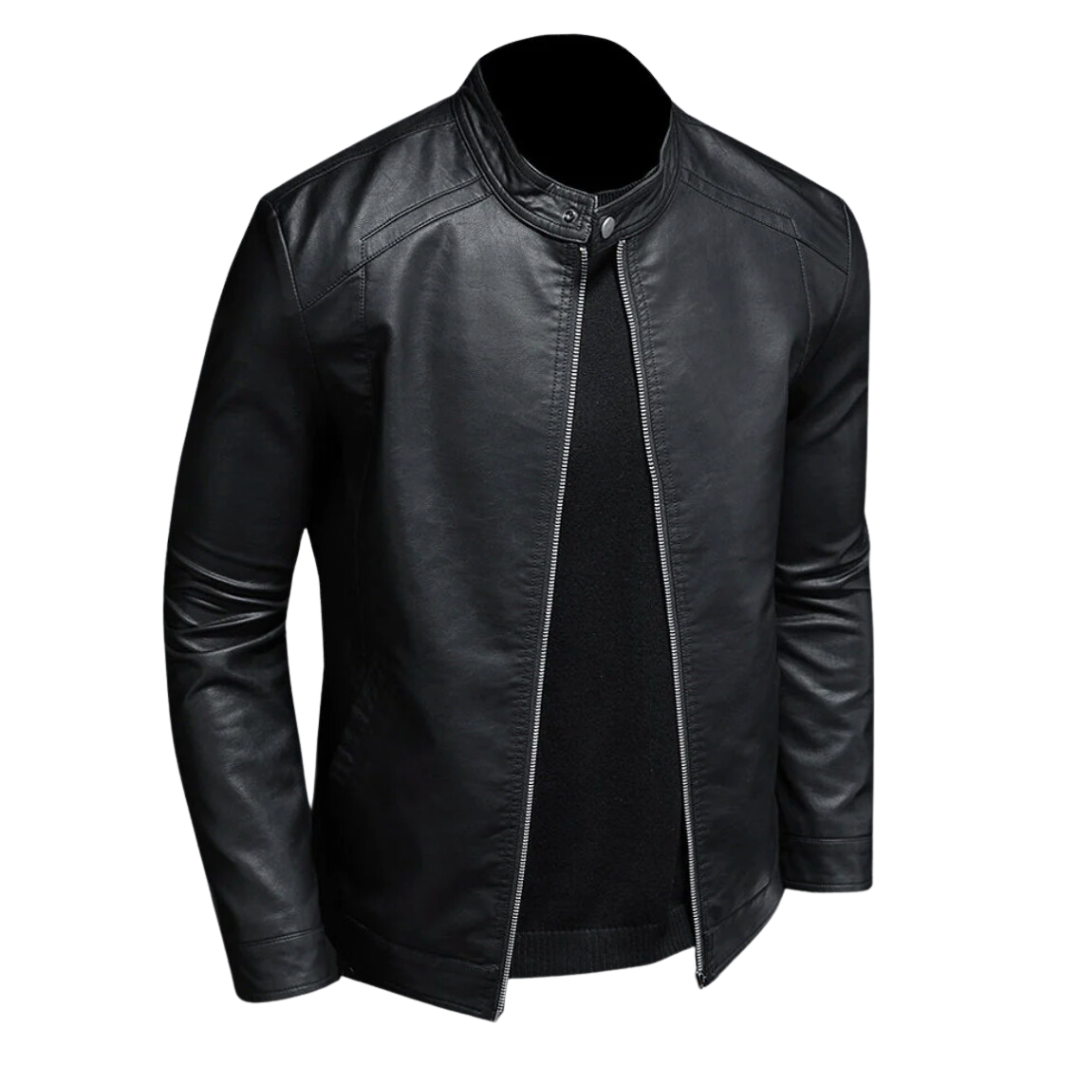 Ernst ™ | Classic Black Leather Biker Jacket with Snap Collar