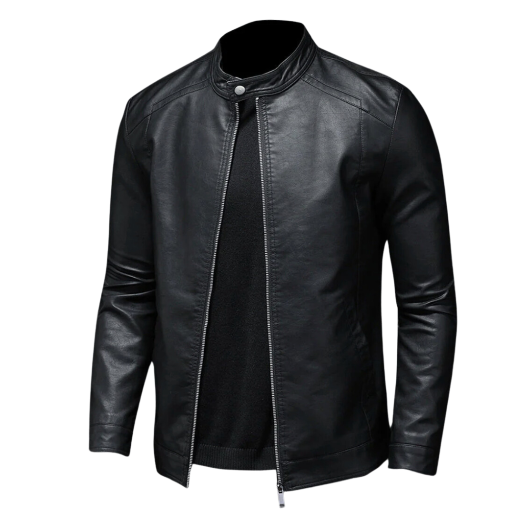 Ernst ™ | Classic Black Leather Biker Jacket with Snap Collar